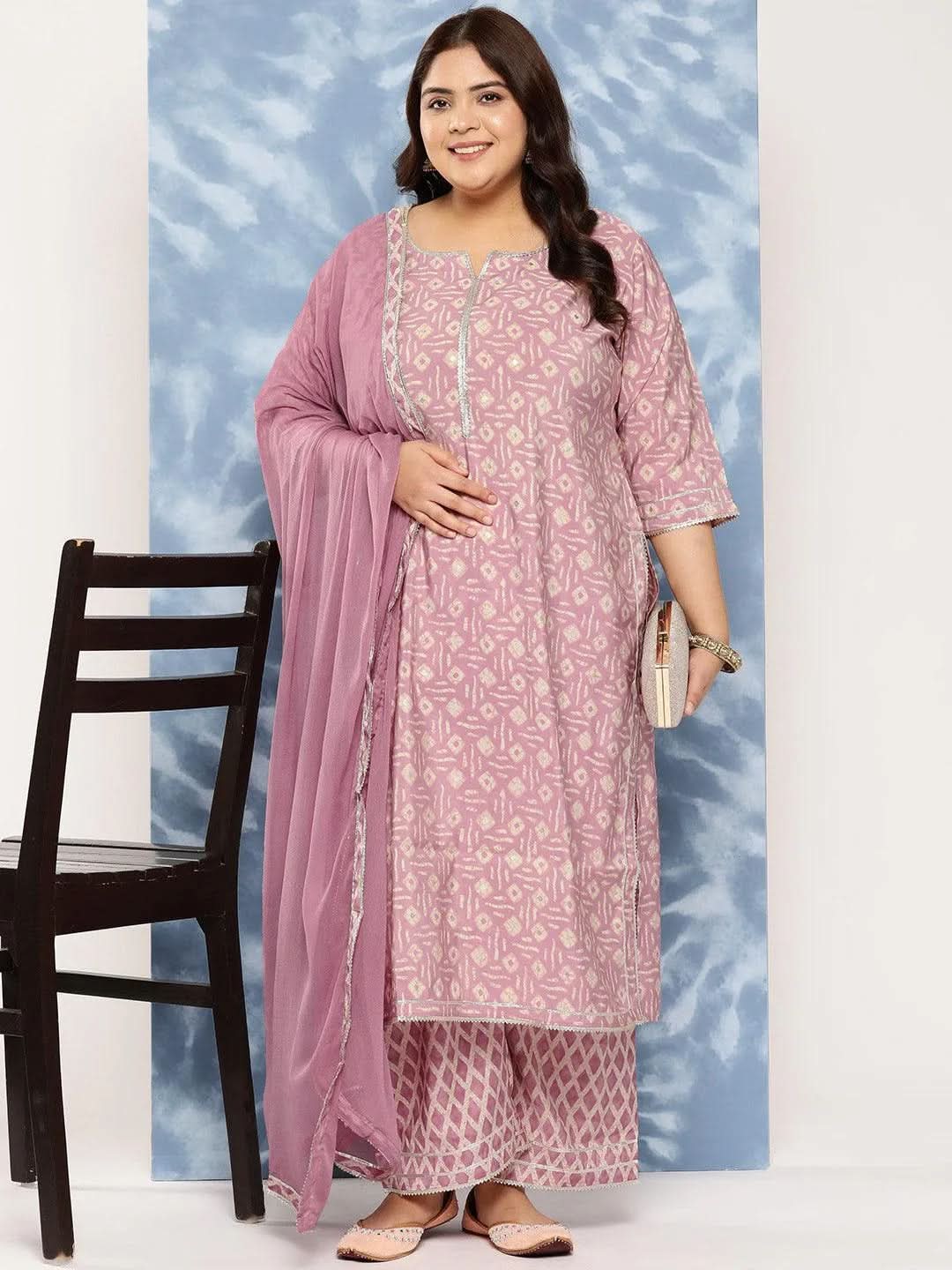 Mauve Printed Silk Blend Straight Kurta With Trousers and Dupatta - Libas 