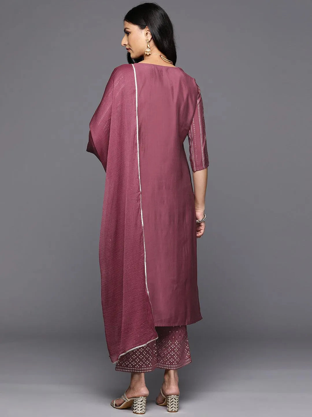 Mauve Printed Silk Blend Straight Kurta With Trousers & Dupatta - Libas 