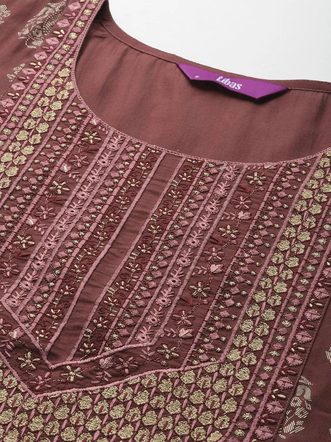 Mauve Printed Silk Blend Straight Kurta With Trousers & Dupatta - Libas 