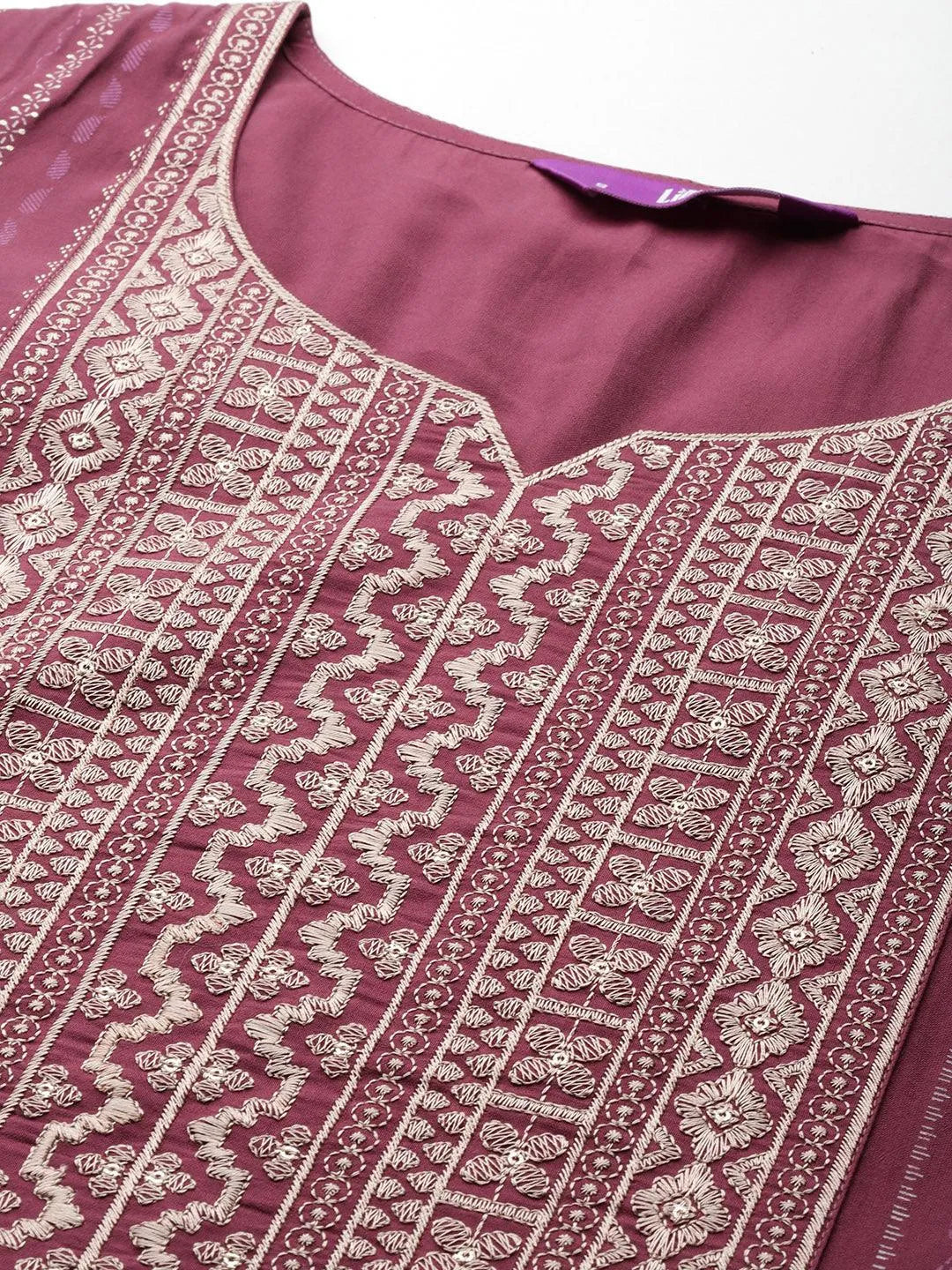 Mauve Printed Silk Blend Straight Kurta With Trousers & Dupatta - Libas 