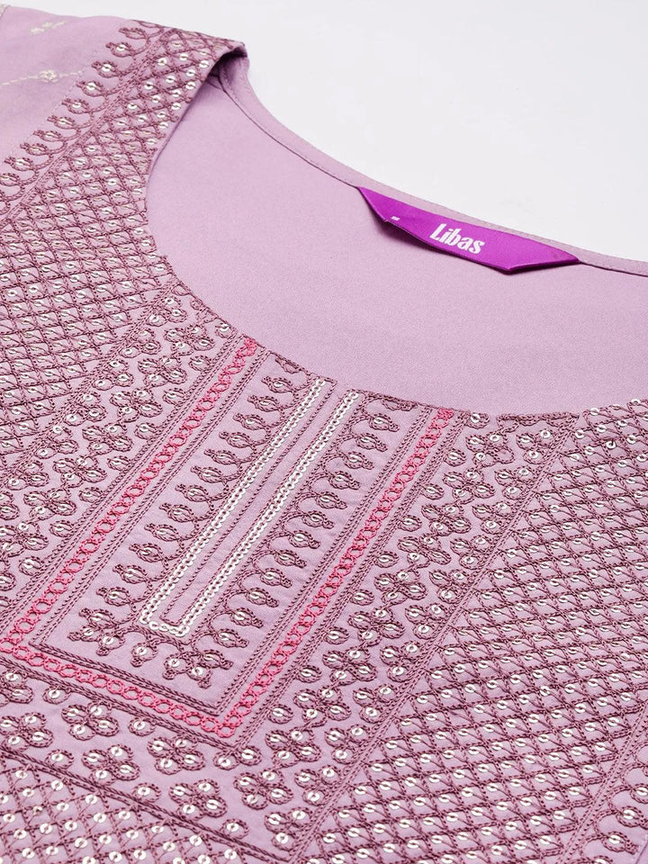 Mauve Printed Silk Blend Straight Kurta With Trousers & Dupatta - Libas