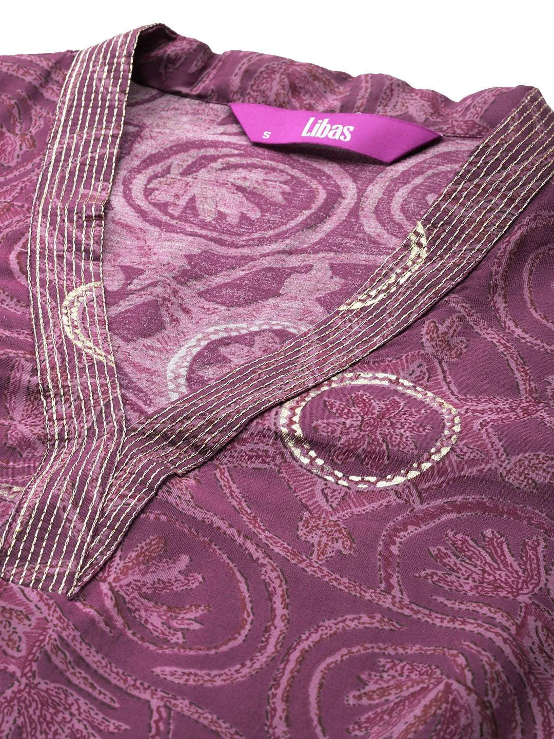 Mauve Printed Silk Blend Straight Kurta With Trousers & Dupatta - Libas 