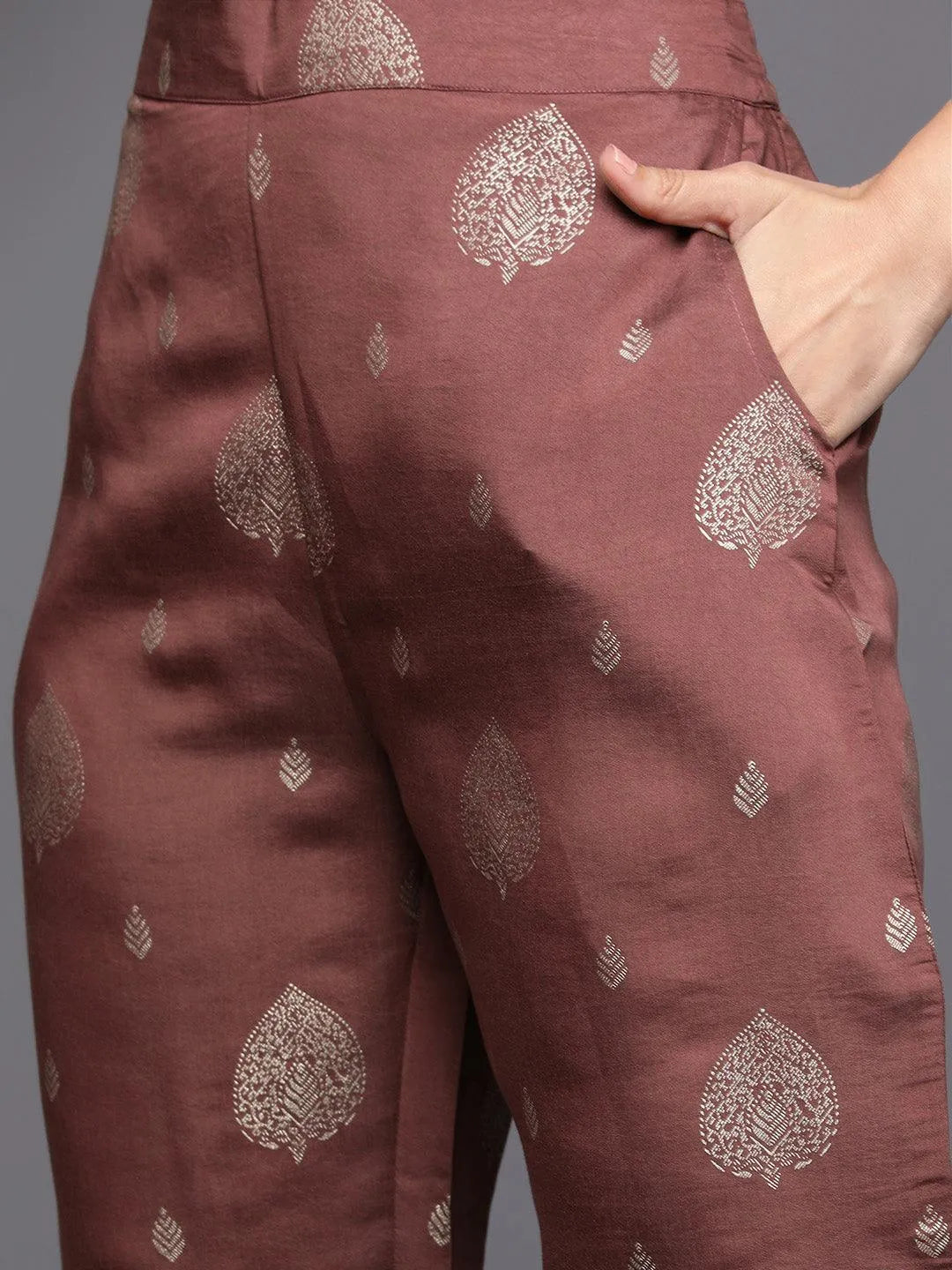 Mauve Printed Silk Blend Straight Kurta With Trousers & Dupatta - Libas 