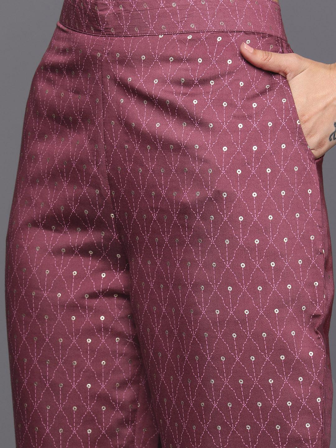 Mauve Printed Silk Blend Straight Kurta With Trousers & Dupatta - Libas