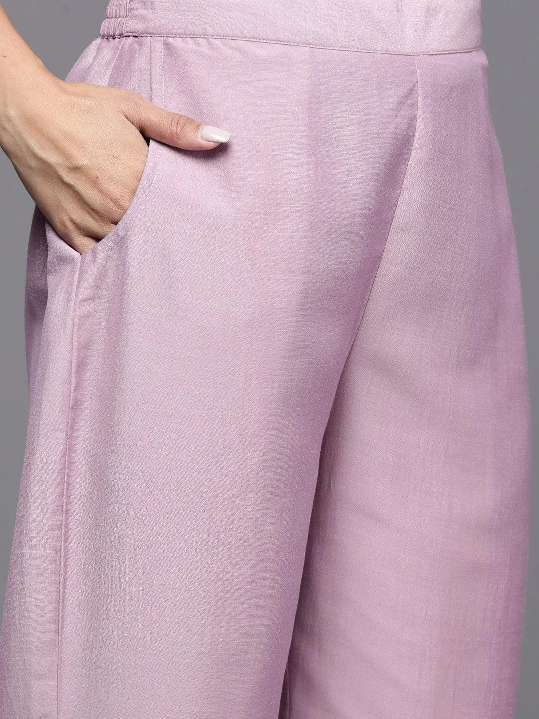 Mauve Printed Silk Blend Straight Kurta With Trousers & Dupatta - Libas 