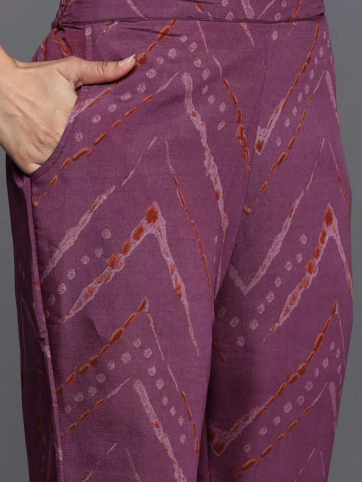 Mauve Printed Silk Blend Straight Kurta With Trousers & Dupatta - Libas