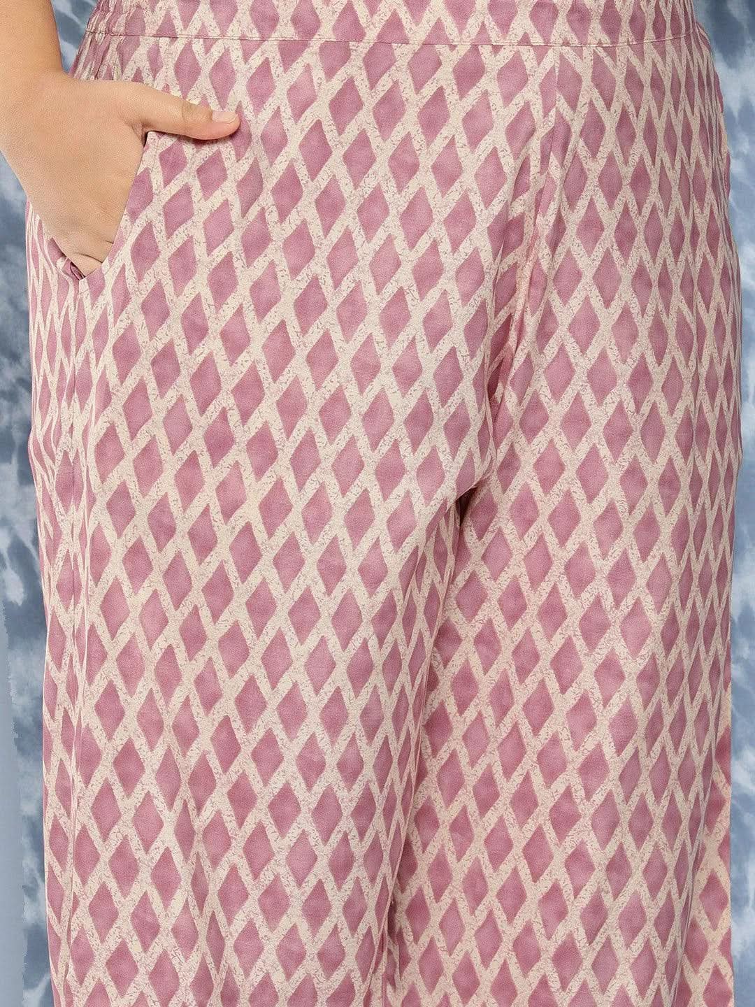 Mauve Printed Silk Blend Straight Kurta With Trousers and Dupatta - Libas 
