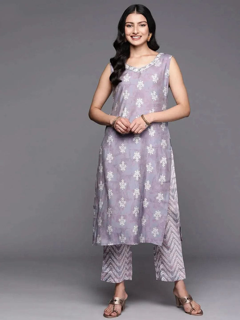 Libas Mauve Printed Silk Blend Straight Kurta With Trousers