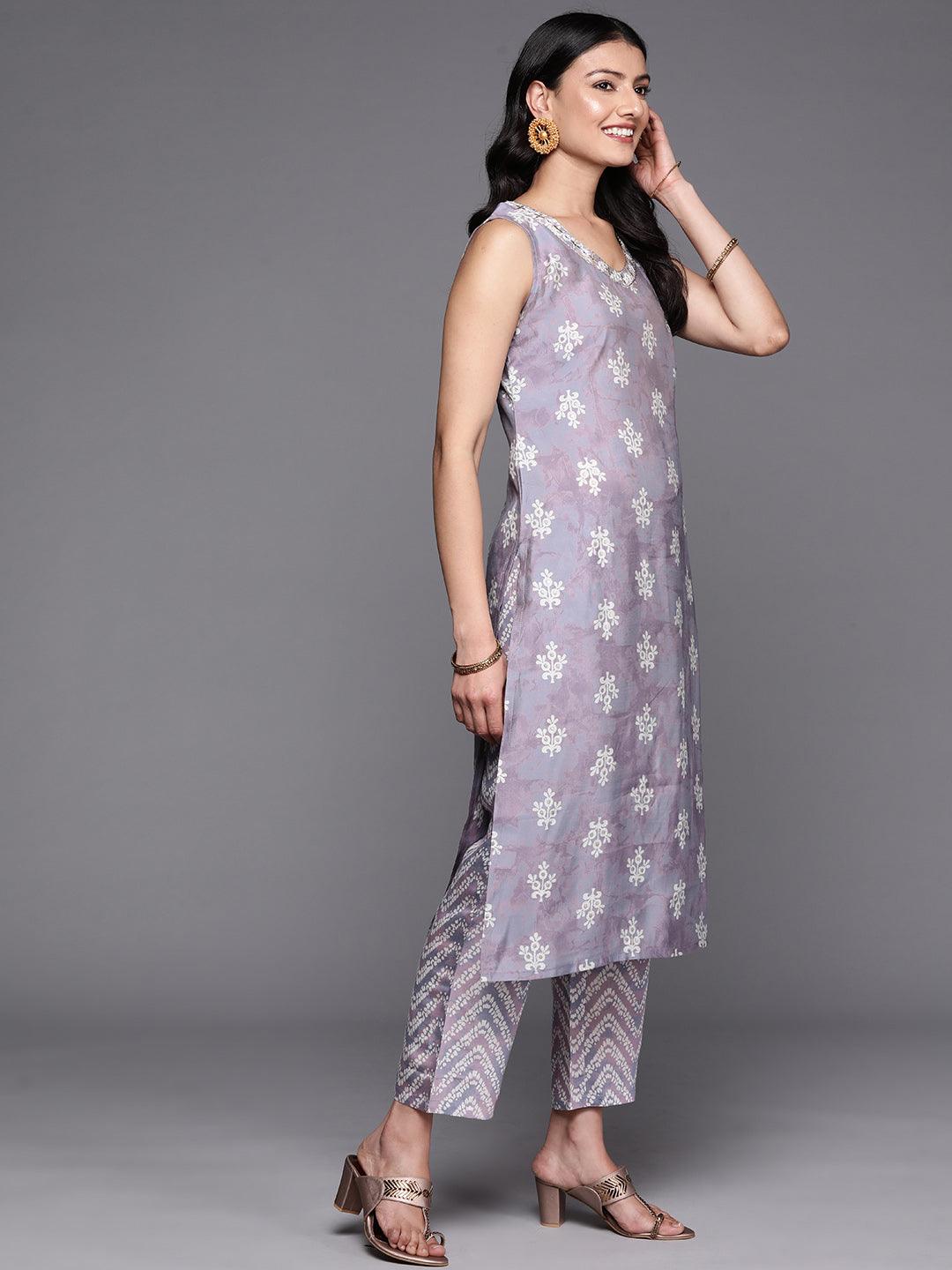 Mauve Printed Silk Blend Straight Kurta Set With Trousers - Libas