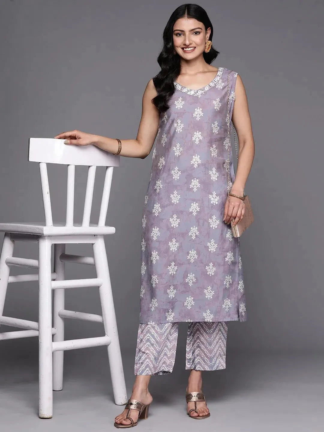 Mauve Printed Silk Blend Straight Kurta Set With Trousers - Libas 
