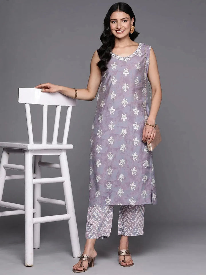 Mauve Printed Silk Blend Straight Kurta Set With Trousers - Libas