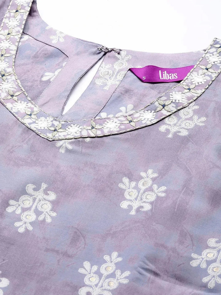 Mauve Printed Silk Blend Straight Kurta Set With Trousers - Libas