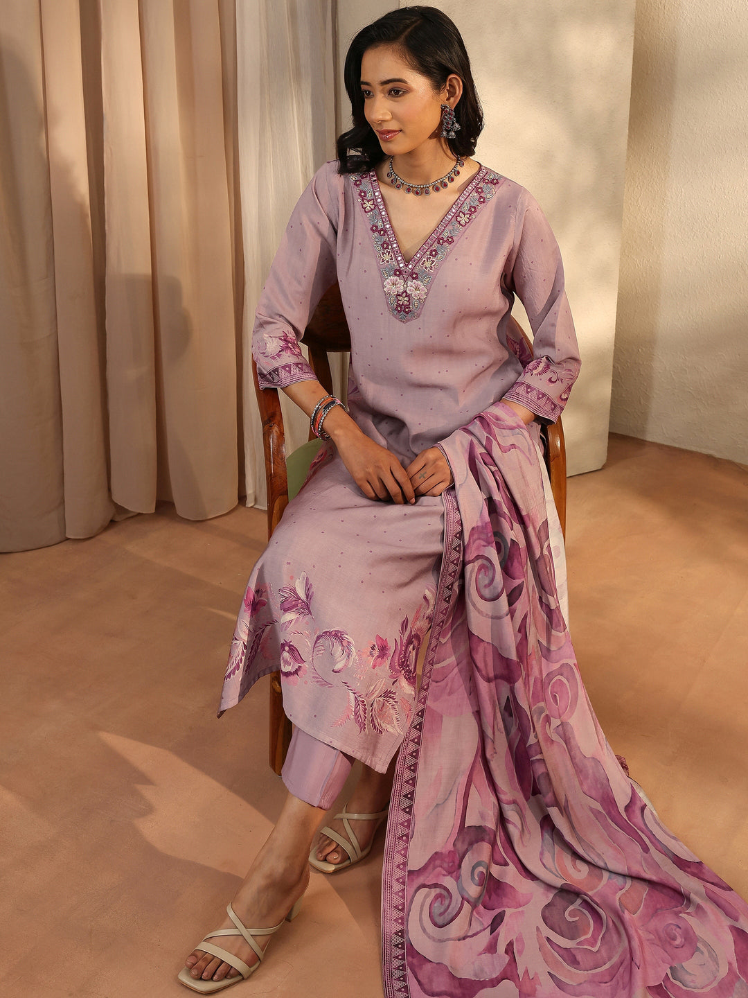 Mauve Printed Silk Blend Straight Suit Set With Dupatta