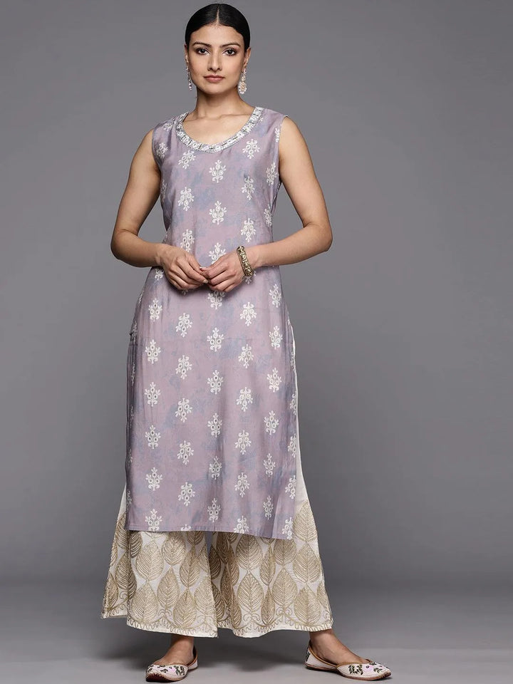 Mauve Printed Silk Straight Kurta - Libas