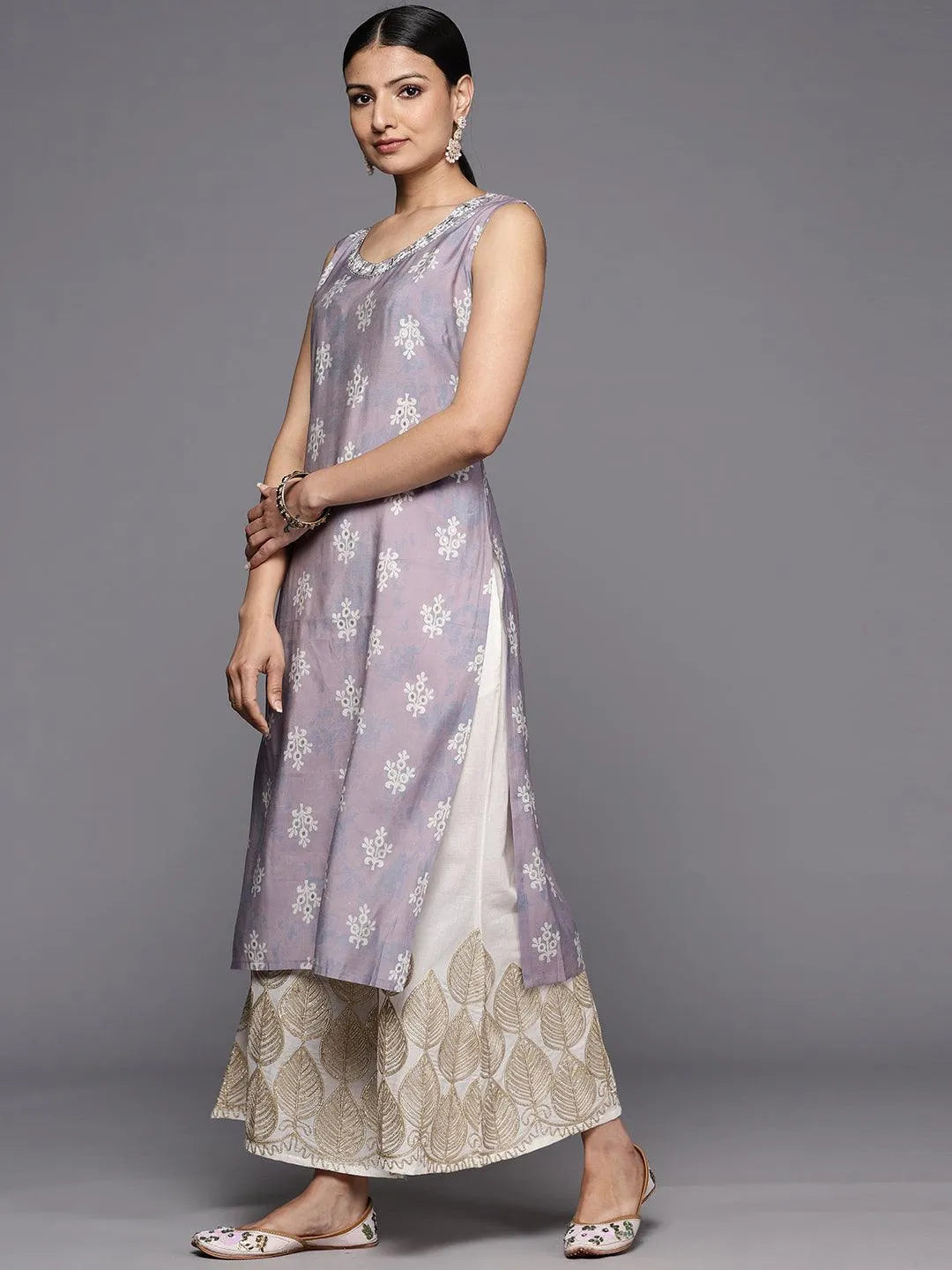 Mauve Printed Silk Straight Kurta - Libas 