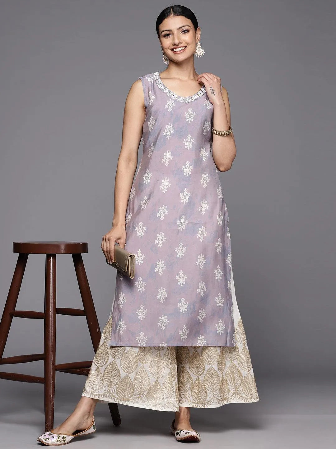 Mauve Printed Silk Straight Kurta - Libas 