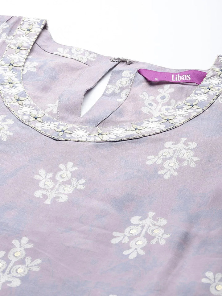 Mauve Printed Silk Straight Kurta - Libas