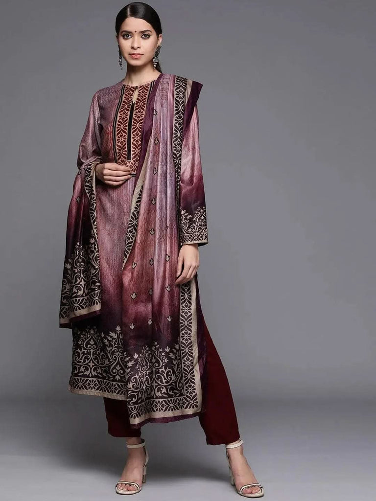 Libas Mauve Printed Velvet Straight Kurta With Dupatta