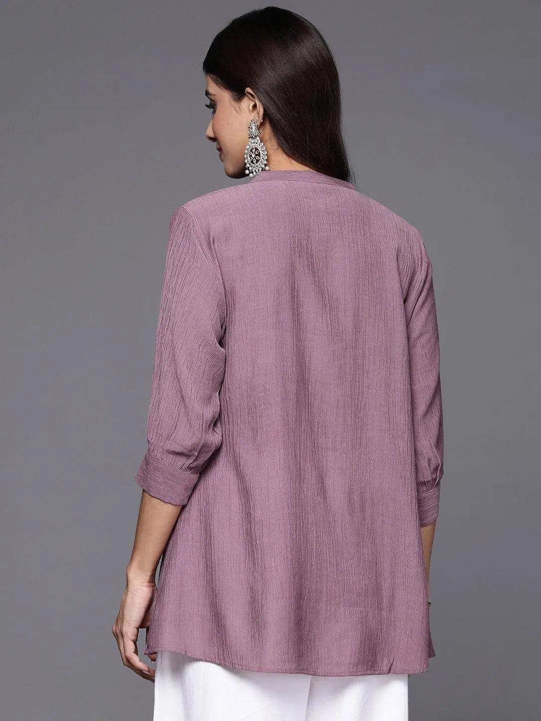 Mauve Solid Cotton Blend A-Line Kurti - Libas 
