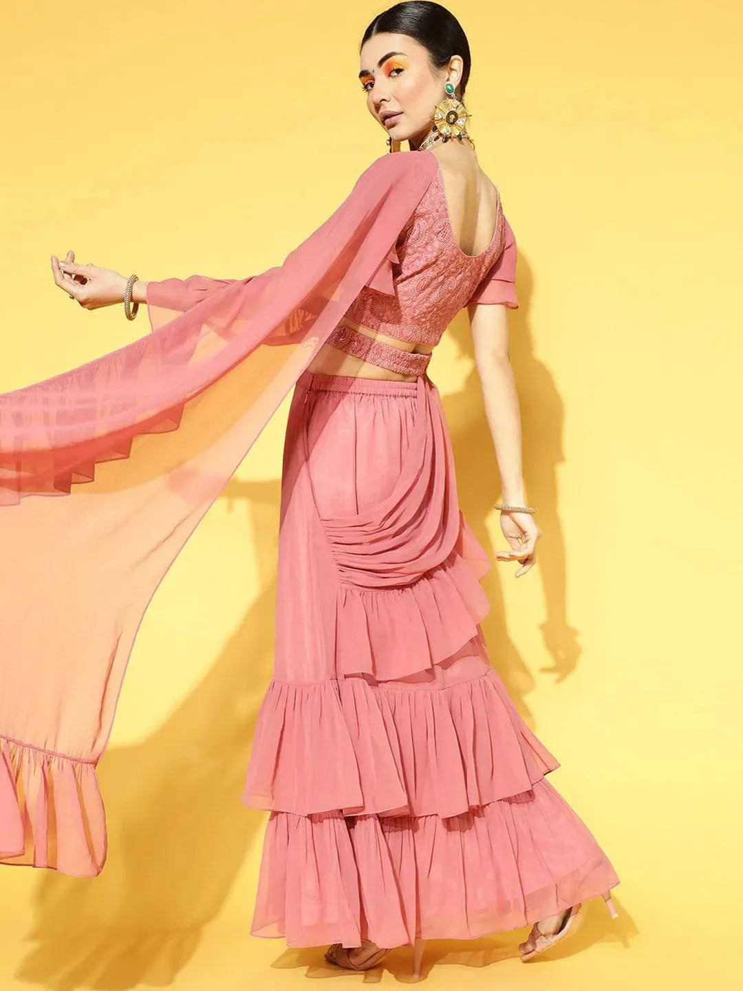 Mauve Solid Georgette Ready to Wear Saree With Potli - Libas 