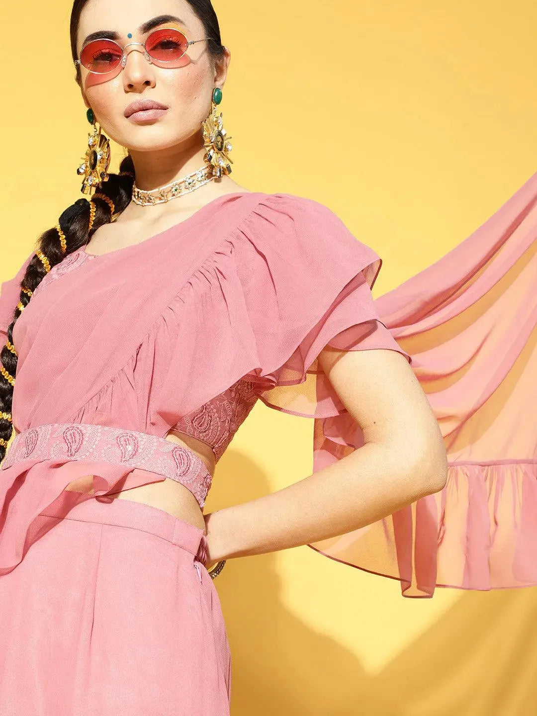 Mauve Solid Georgette Ready to Wear Saree With Potli - Libas 