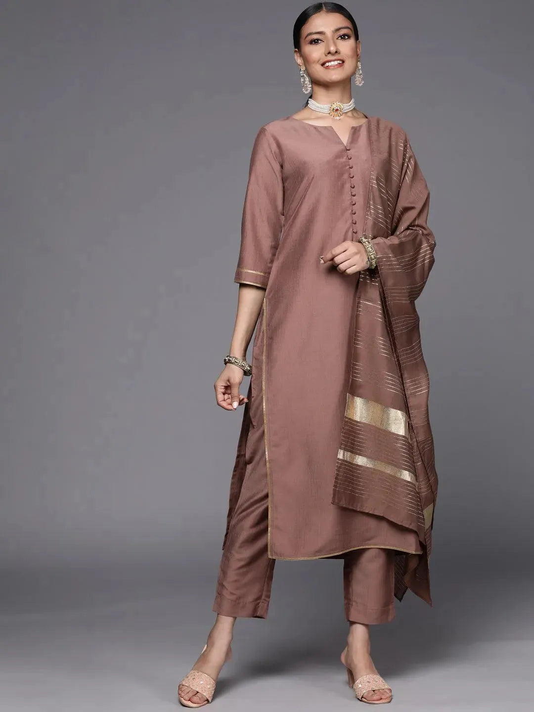 Mauve Solid Silk Blend Straight Kurta With Dupatta