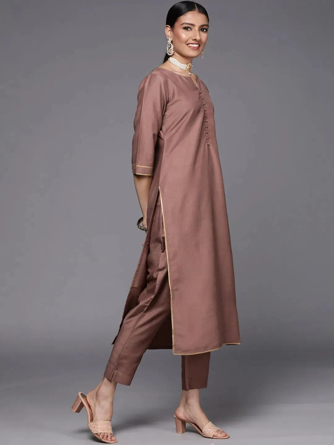 Mauve Solid Silk Blend Straight Suit Set - Libas 