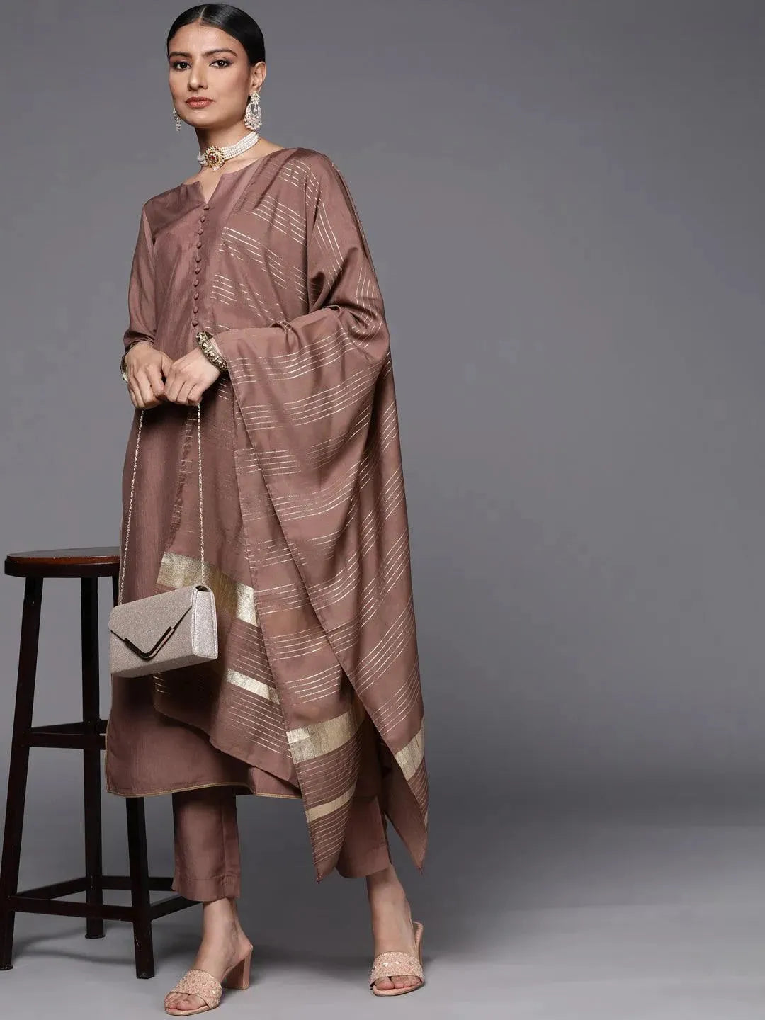 Mauve Solid Silk Blend Straight Suit Set - Libas 
