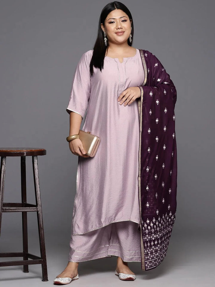 Mauve Solid Silk Blend Straight Kurta With Palazzos & Dupatta - Libas