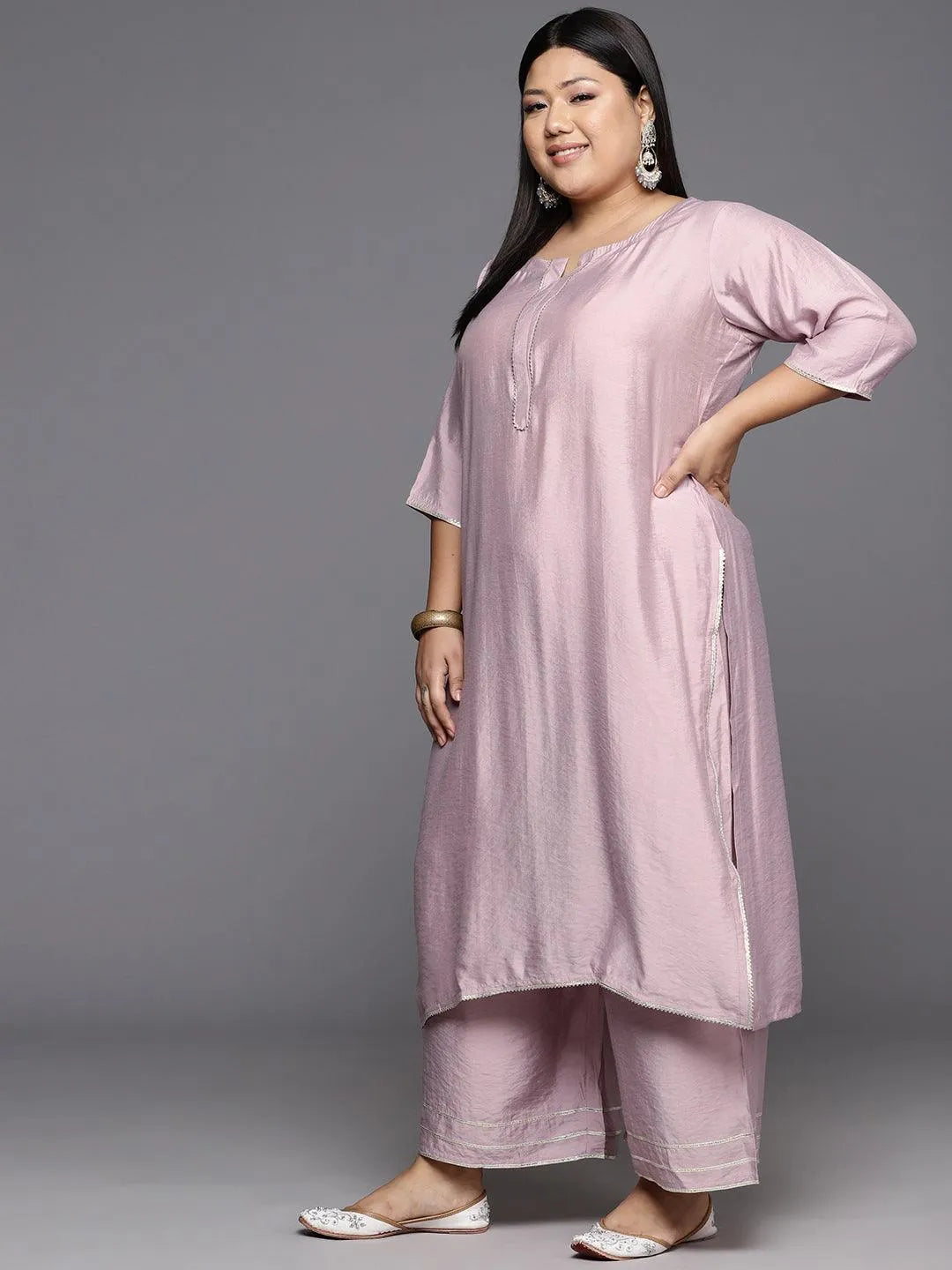 Mauve Solid Silk Blend Straight Kurta With Palazzos & Dupatta - Libas 