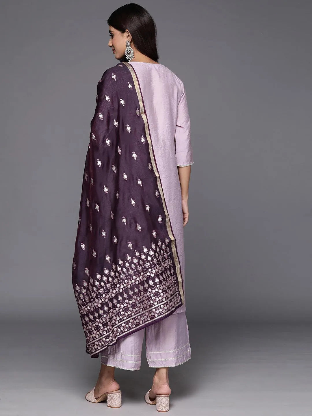 Mauve Solid Silk Blend Straight Kurta With Palazzos & Dupatta - Libas 