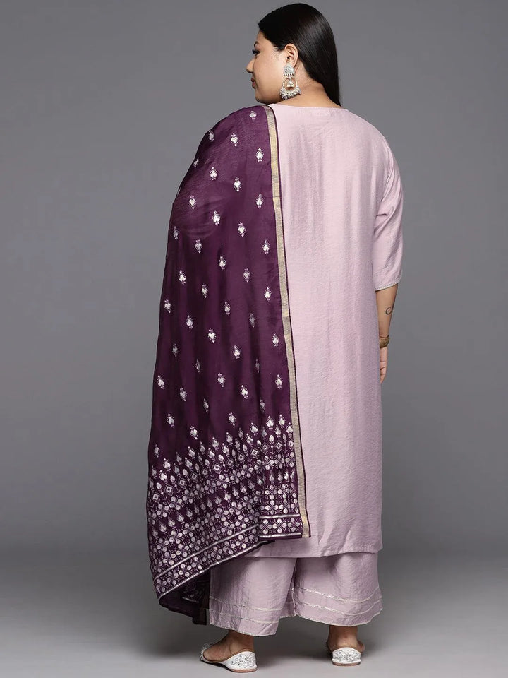 Mauve Solid Silk Blend Straight Kurta With Palazzos & Dupatta - Libas