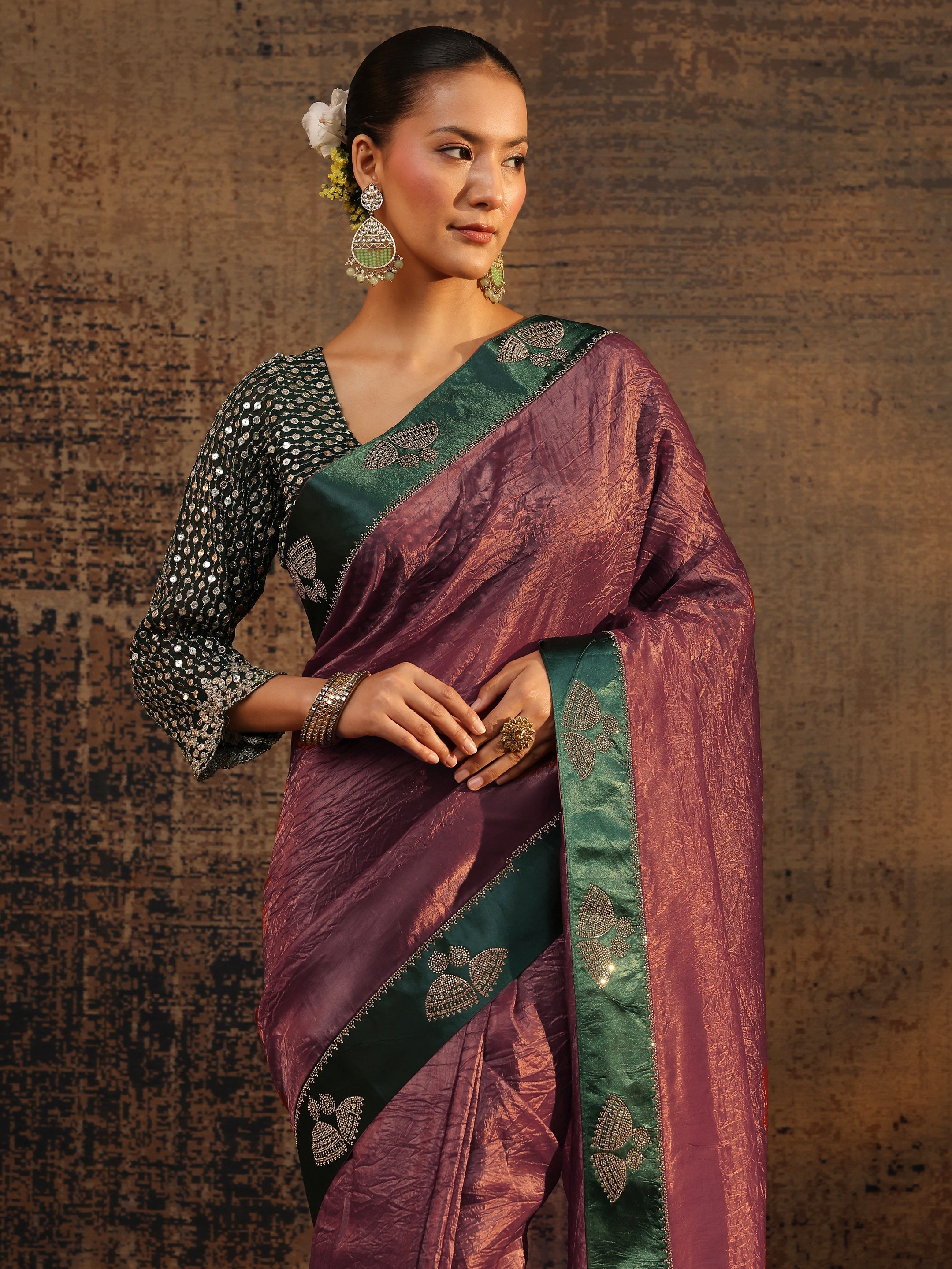 libas Mauve Solid Tissue Saree With Unstitched Blouse Piece-picture-12