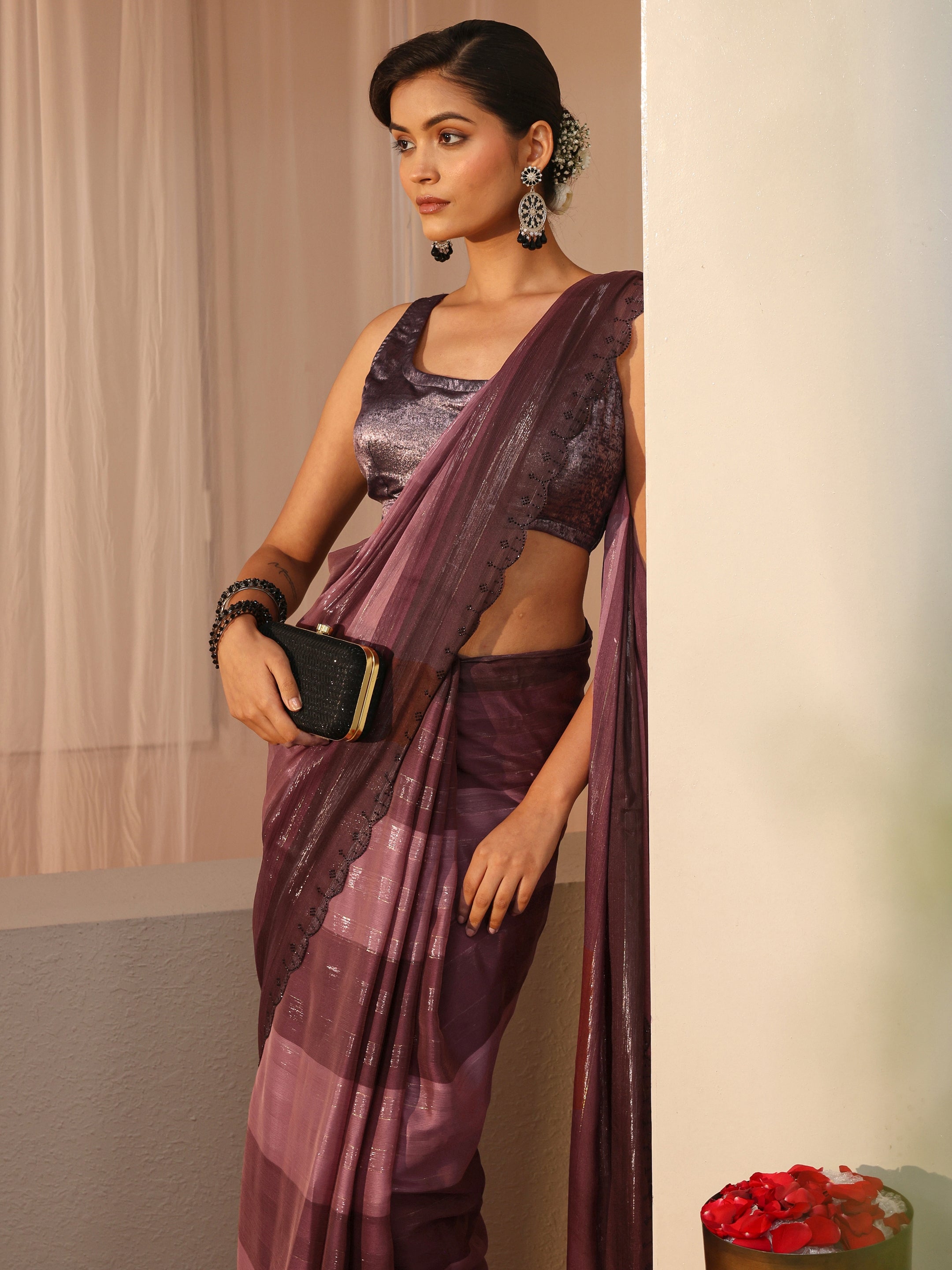 libas Mauve Striped Printed Chiffon Saree-picture-23