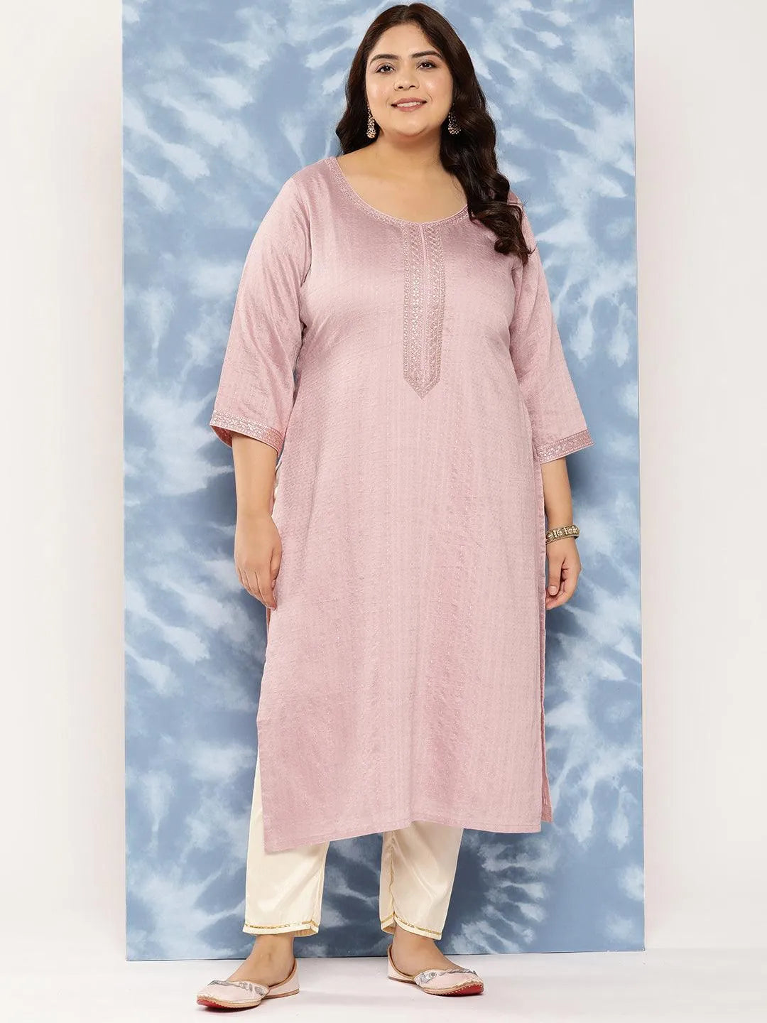 Mauve Woven Design Rayon Straight Kurta - Libas 