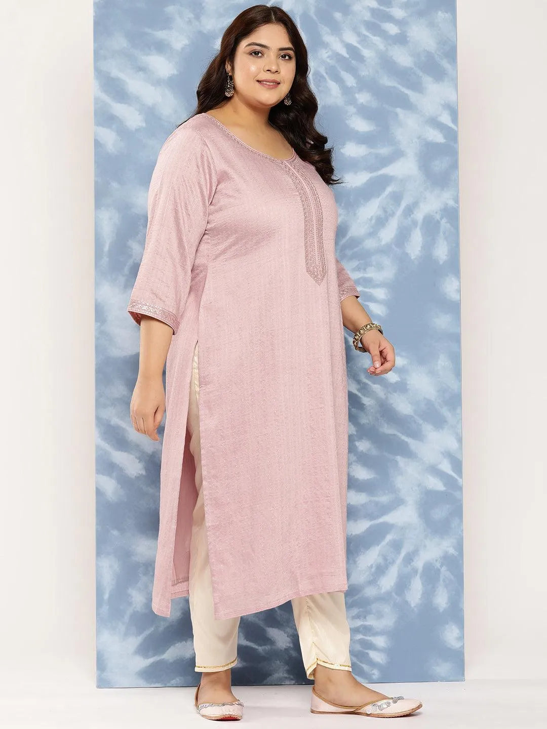 Mauve Woven Design Rayon Straight Kurta - Libas 