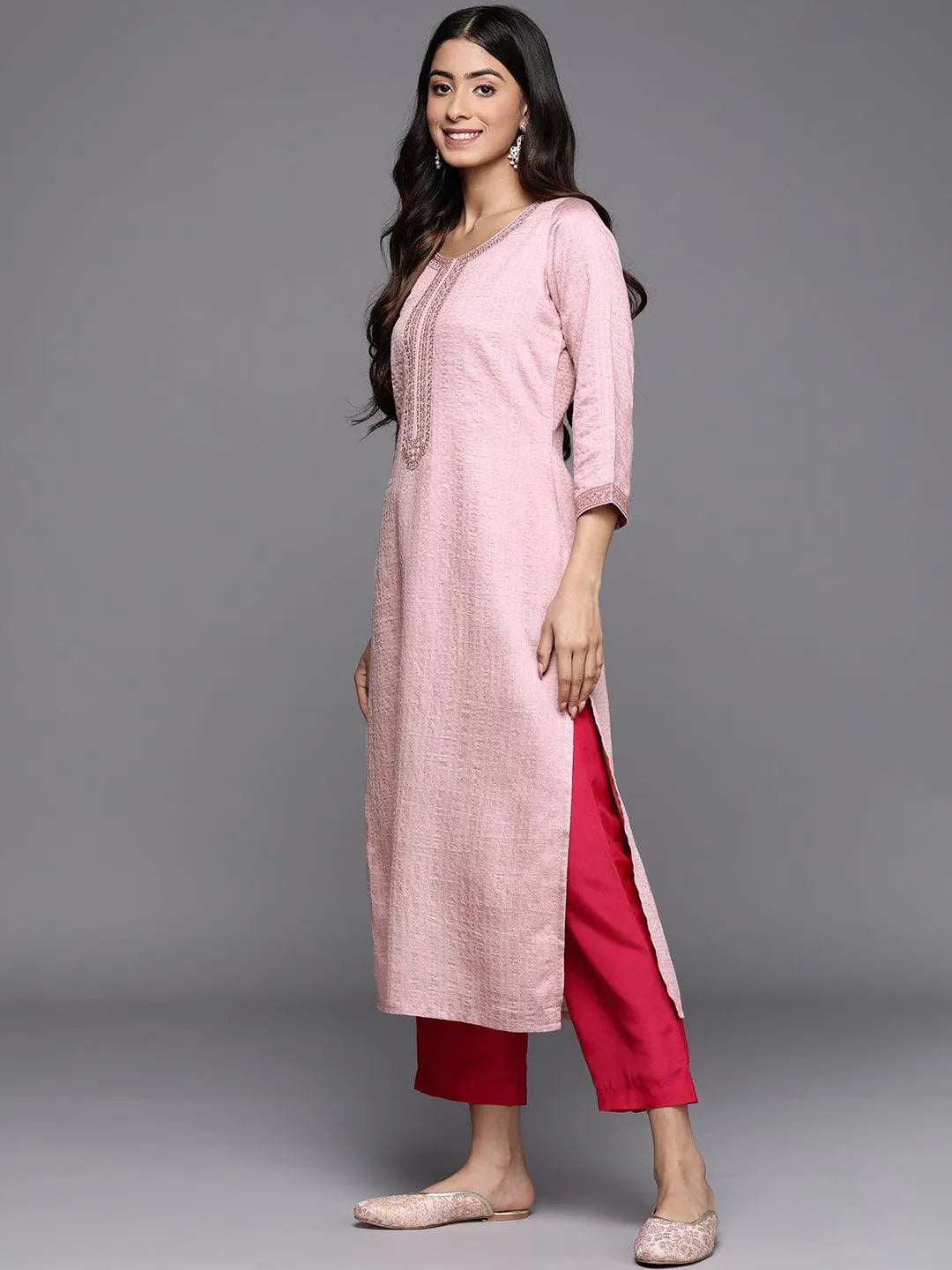 Mauve Woven Design Rayon Straight Kurta - Libas 