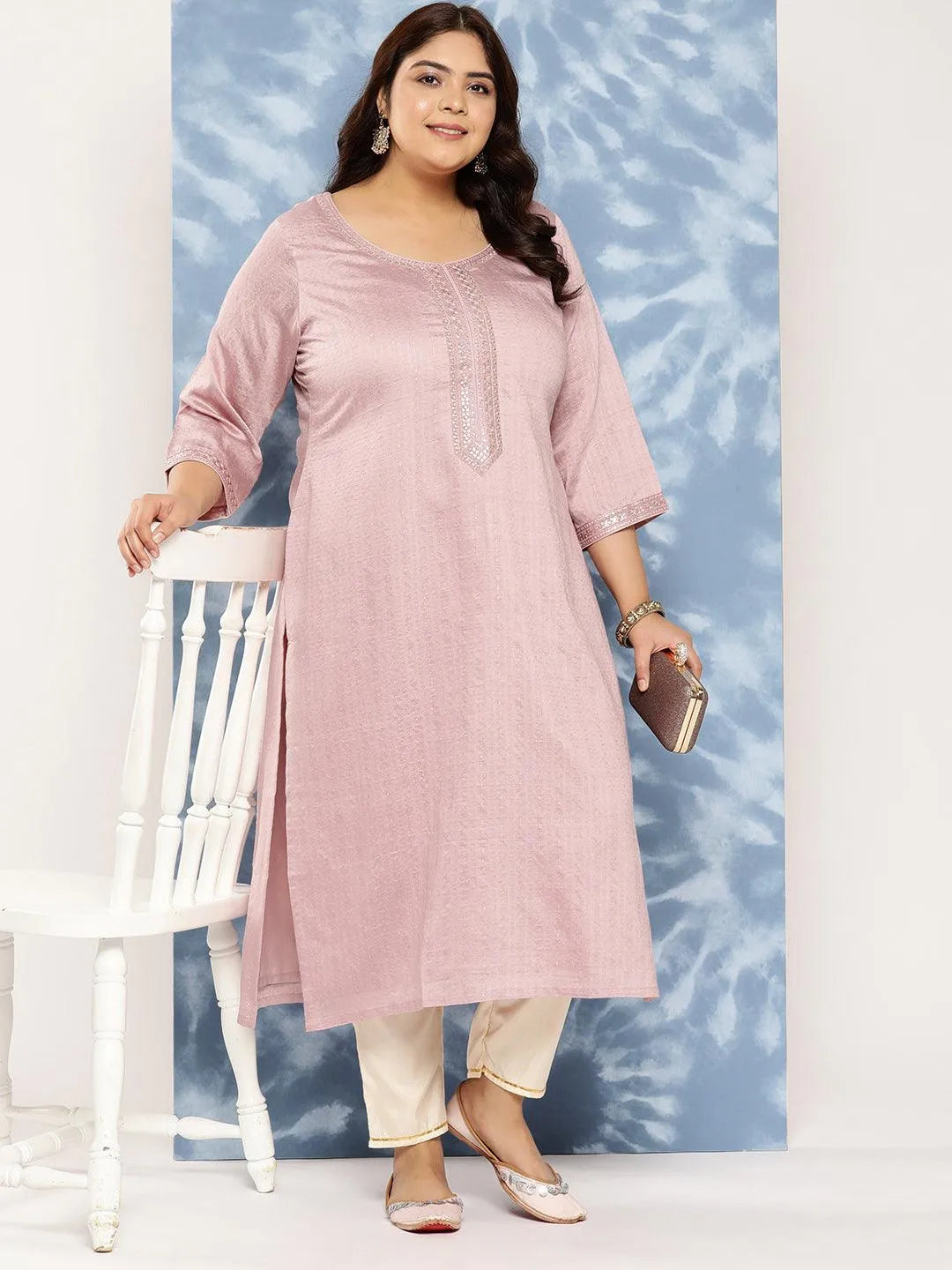 Mauve Woven Design Rayon Straight Kurta - Libas 