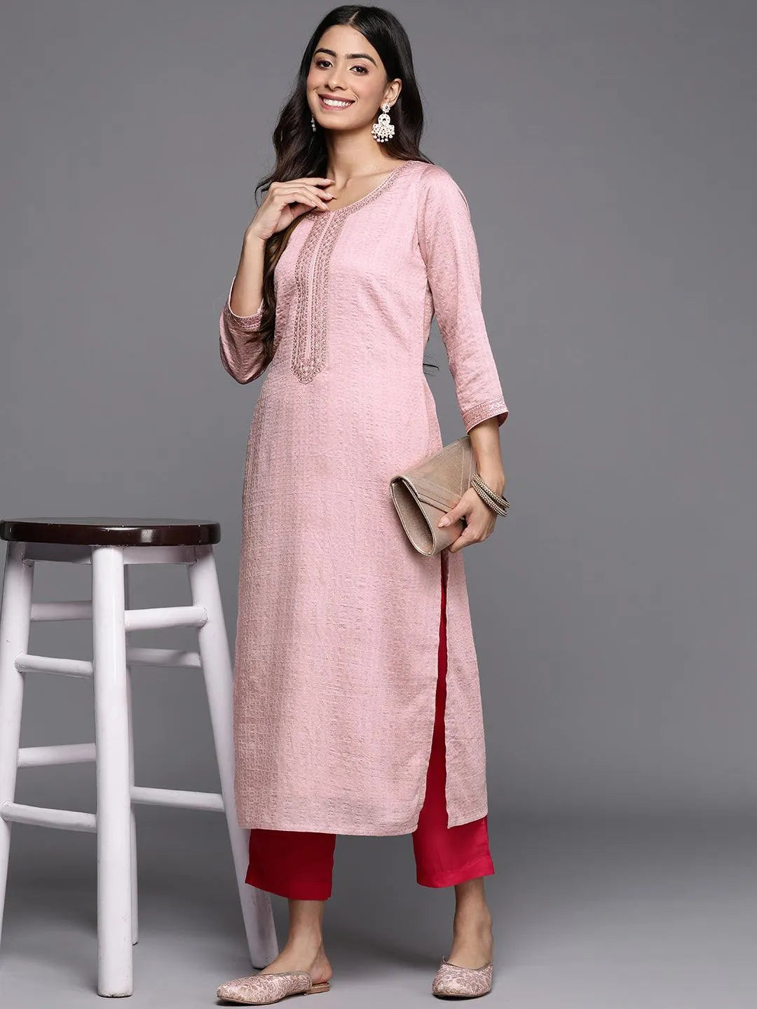Mauve Woven Design Rayon Straight Kurta - Libas 