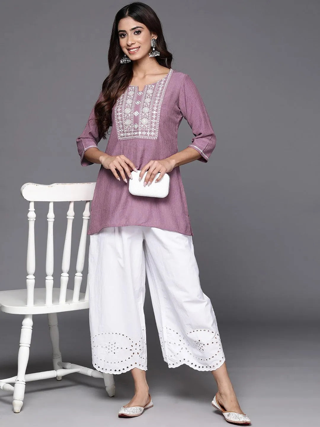 Mauve Yoke Design Cotton Blend Straight Kurti - Libas 