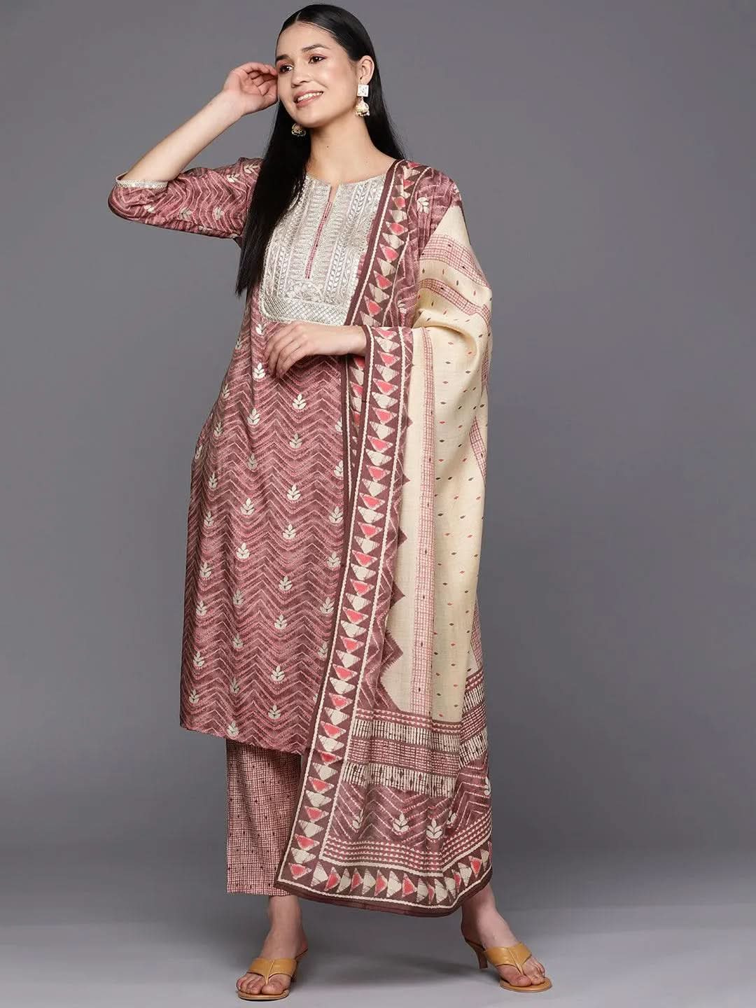 libas Mauve Yoke Design Silk Blend Straight Kurta With Trousers & Dupatta-picture-45