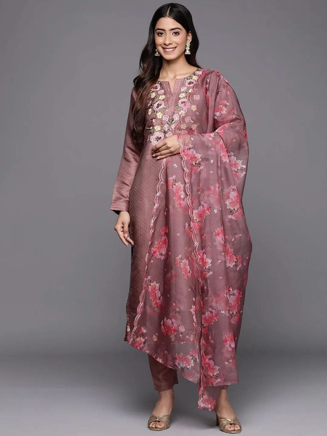 

Mauve Yoke Design Silk Blend Straight Kurta With Trousers & Dupatta