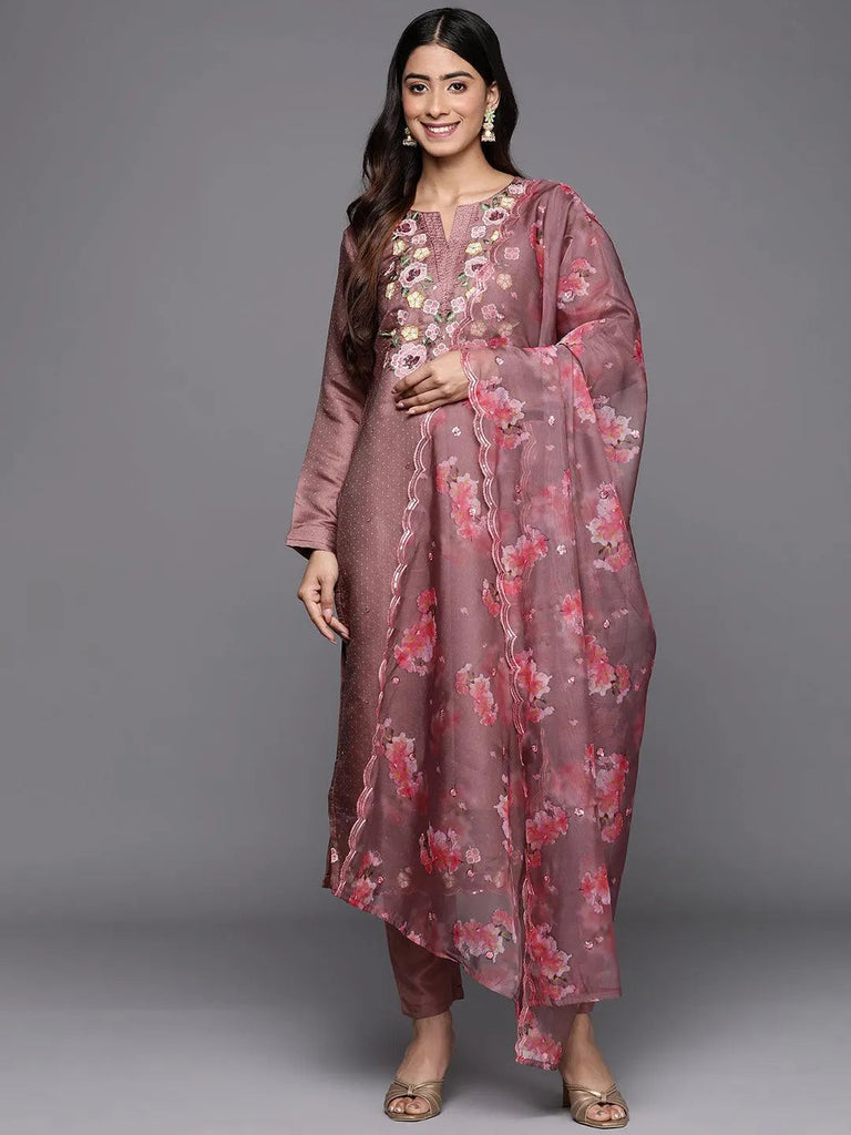 Libas Mauve Yoke Design Silk Blend Straight Kurta With Trousers & Dupatta