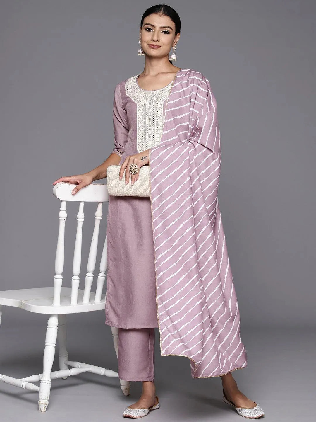 Mauve Yoke Design Silk Blend Straight Kurta With Trousers & Dupatta - Libas