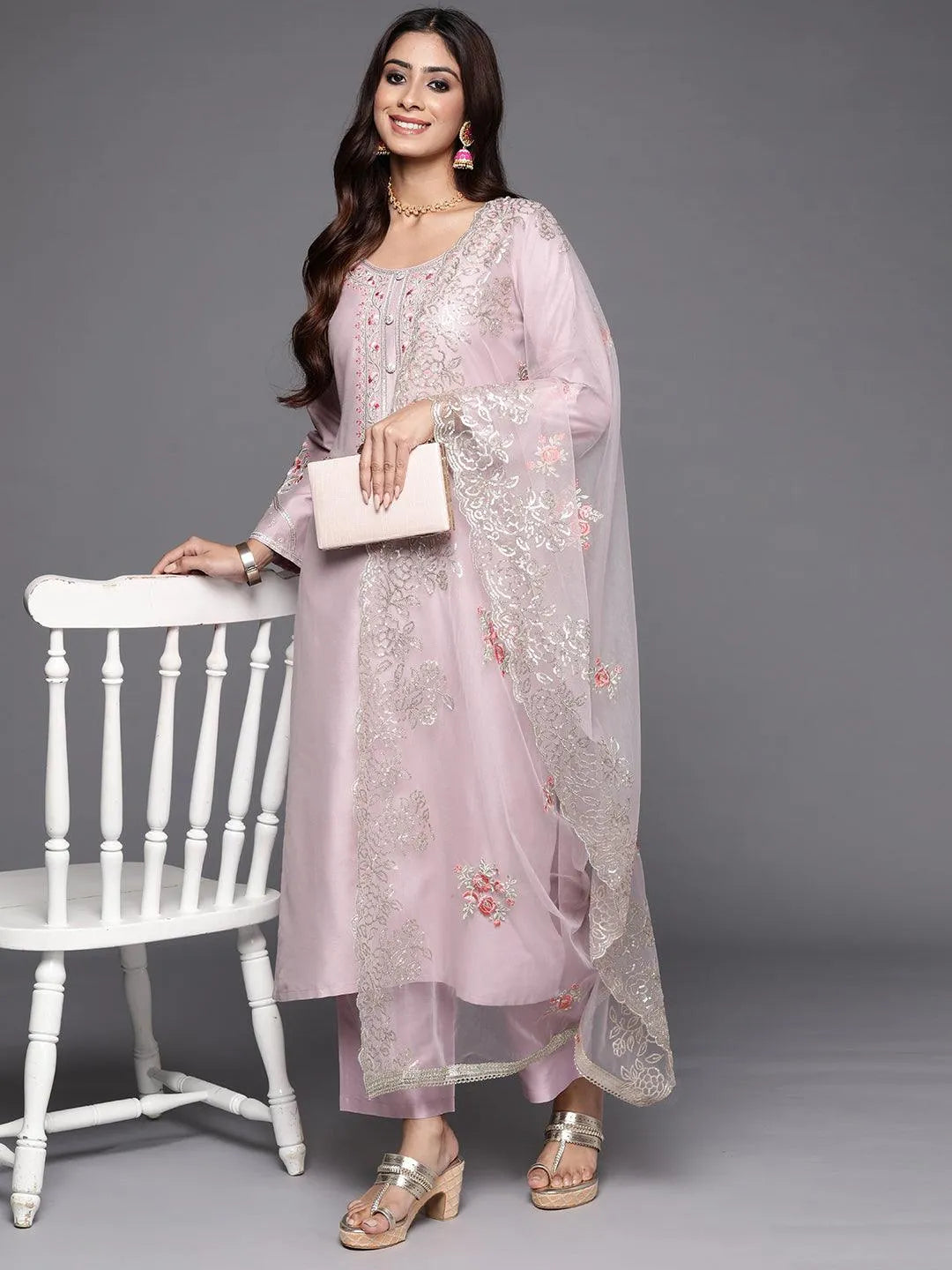 Mauve Yoke Design Silk Blend Straight Kurta With Trousers & Dupatta - Libas 