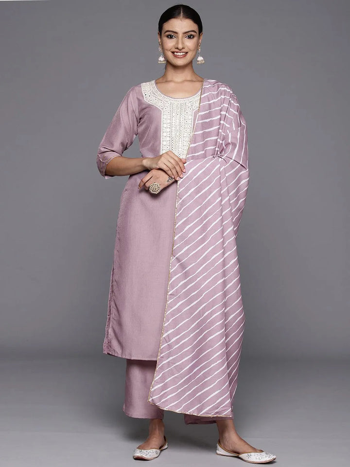 Mauve Yoke Design Silk Blend Straight Kurta With Trousers & Dupatta - Libas