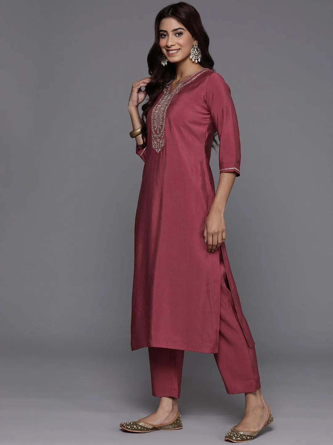 Mauve Yoke Design Silk Blend Straight Kurta With Trousers & Dupatta - Libas 