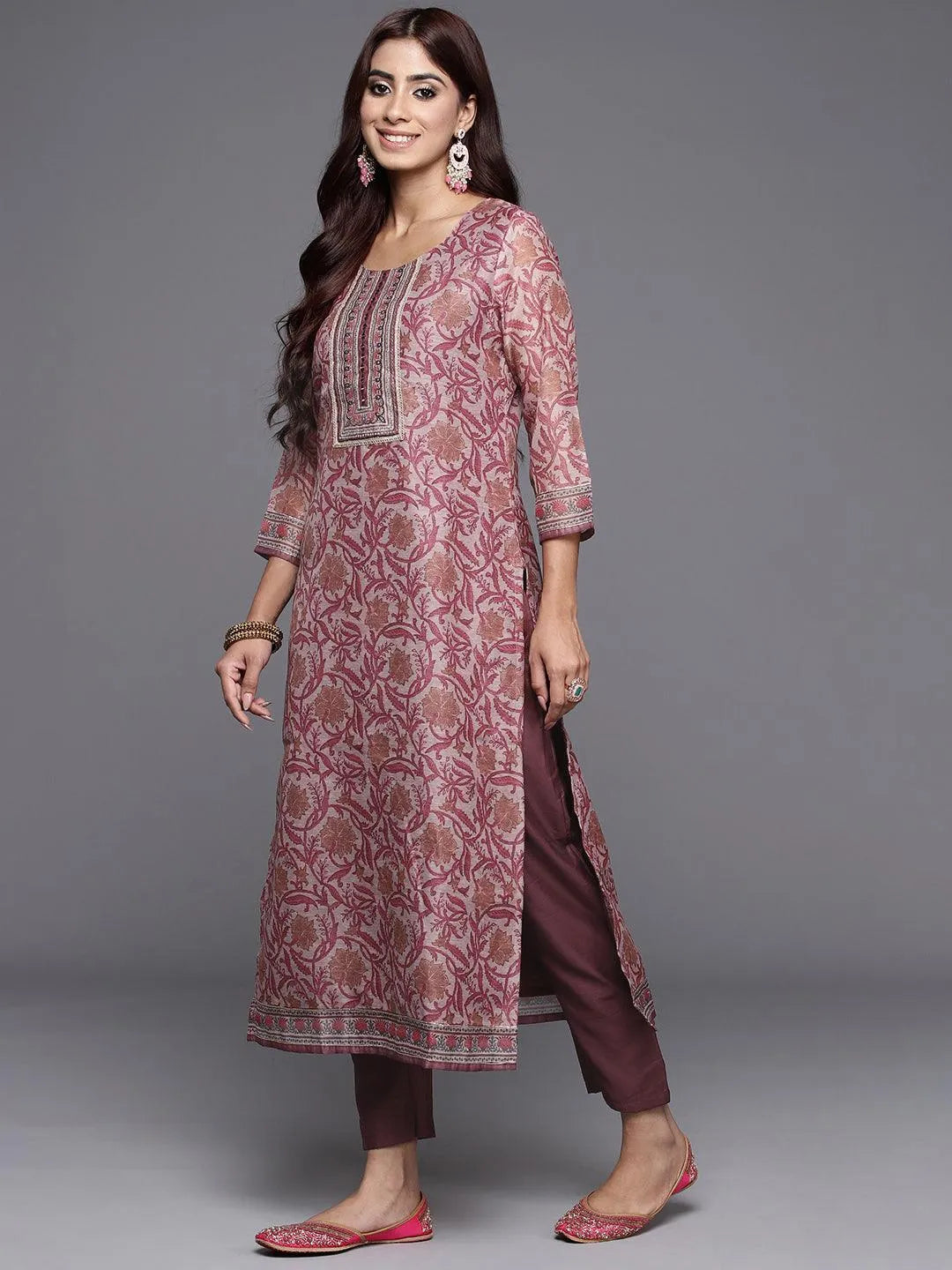 Mauve Yoke Design Silk Blend Straight Kurta With Trousers & Dupatta