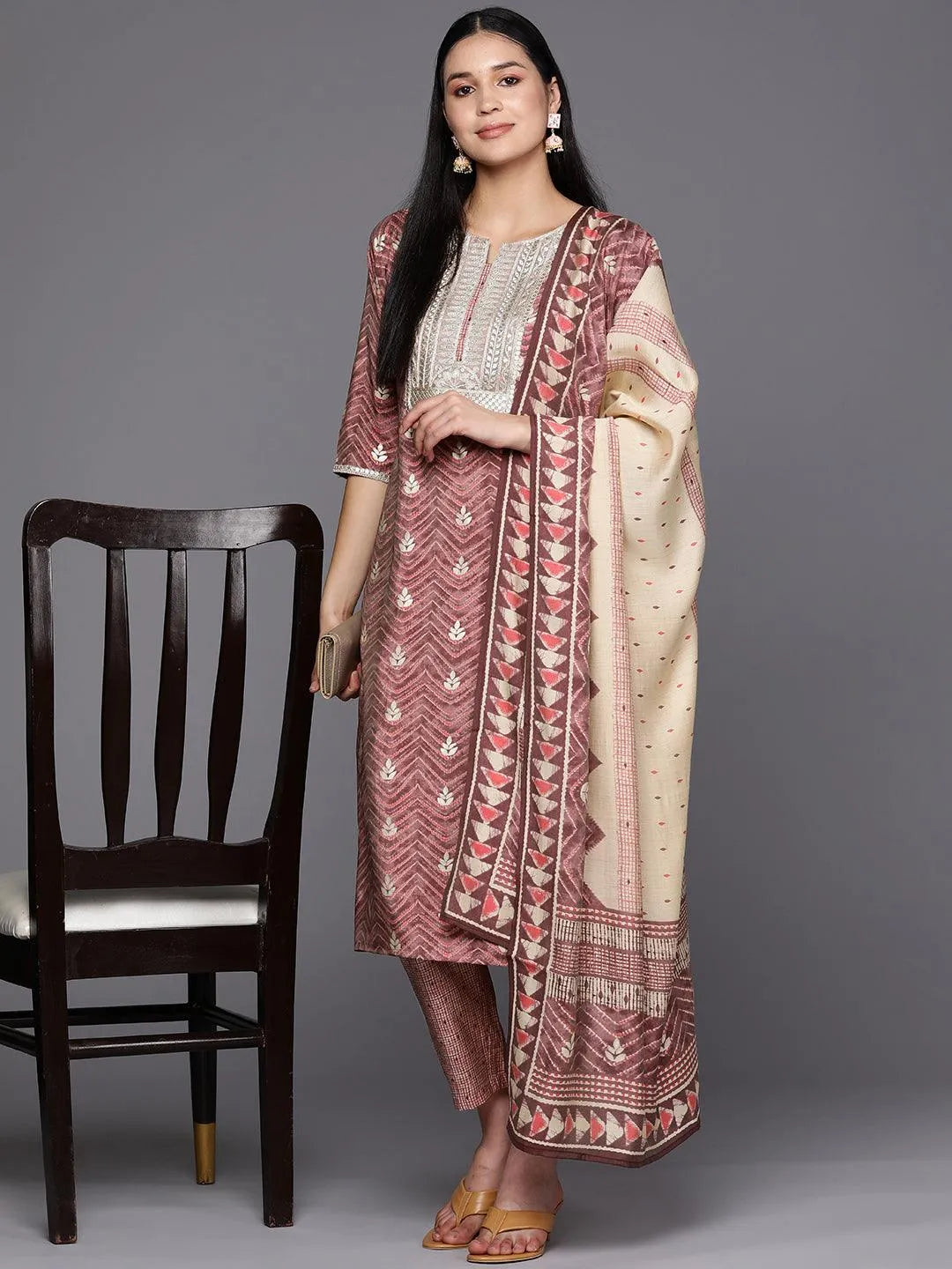 Mauve Yoke Design Silk Blend Straight Suit Set With Trousers - Libas