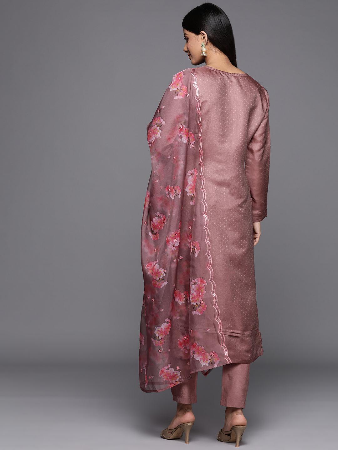Mauve Yoke Design Silk Blend Straight Kurta With Trousers & Dupatta